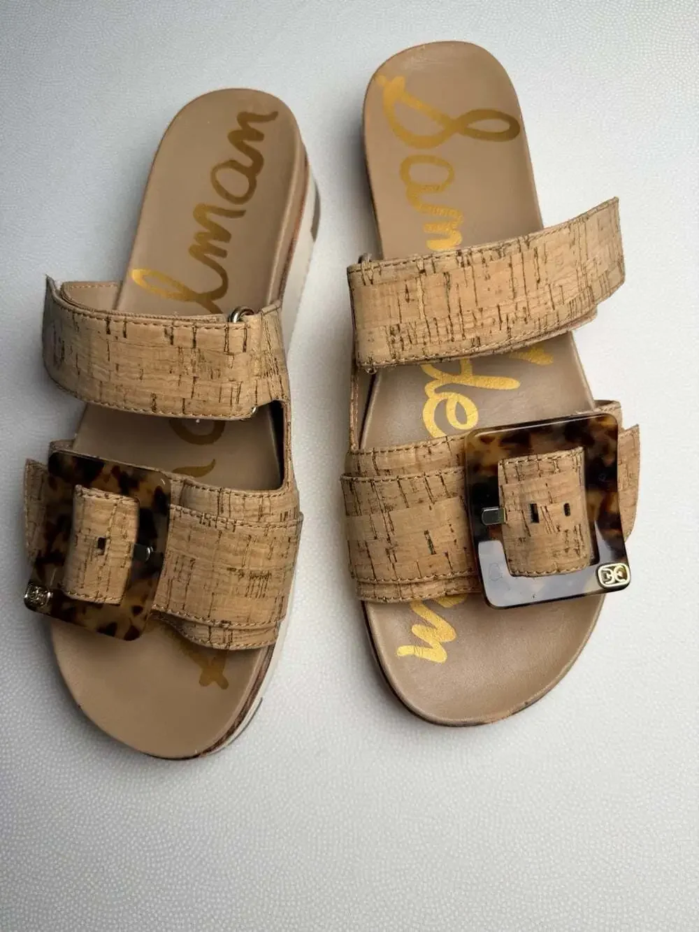 Sam Edelman Cork Slide Sandals Women 9.5 Tortoise Buckle Tan Platform